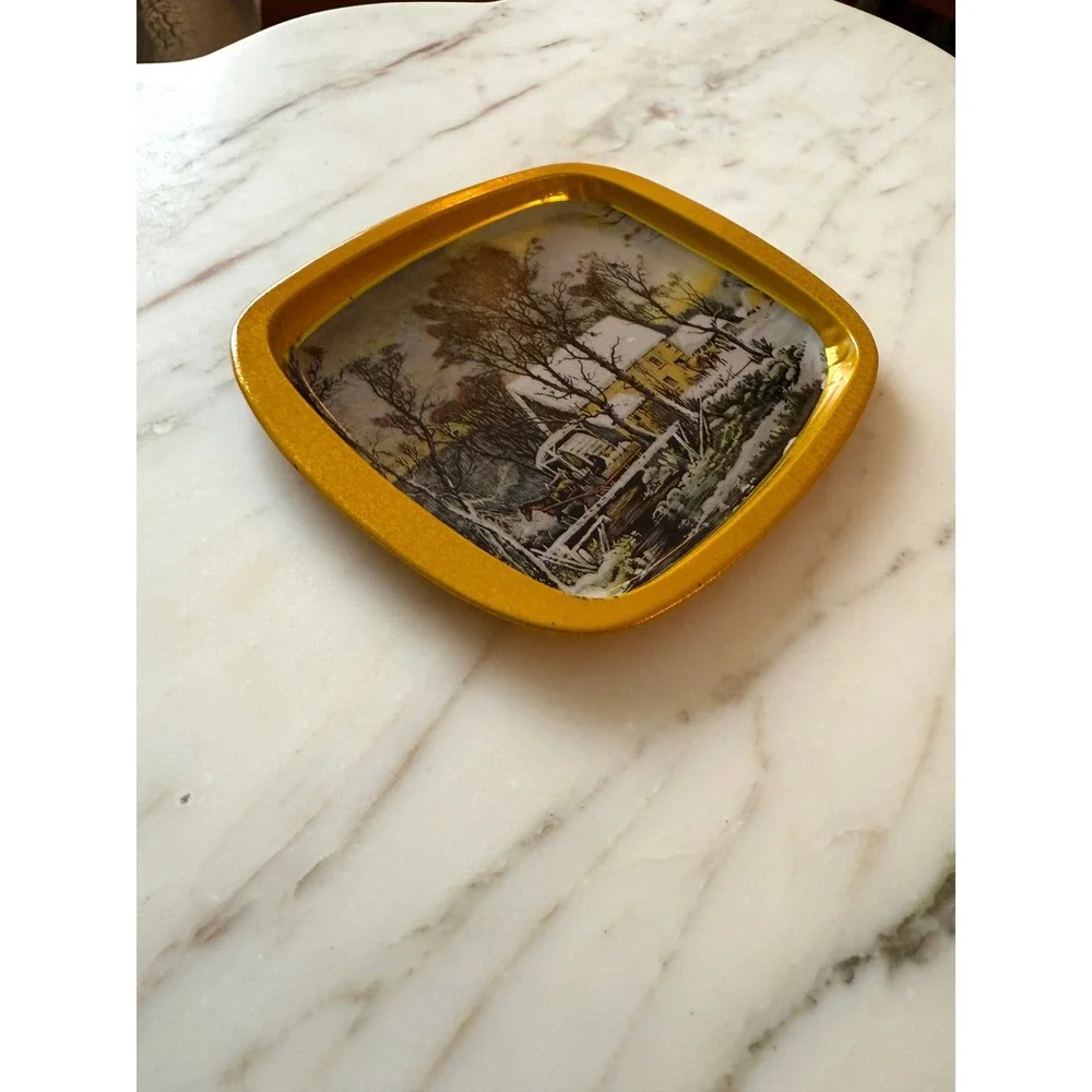 Vintage Jasco Hong Kong Winter Christmas Scene Metal Tray Gold Cottage Decor